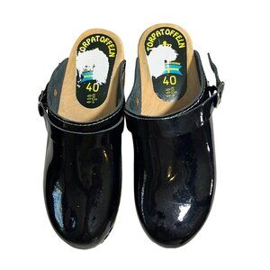 Torpatoffeln clogs black patent leather slip on shoes made in Sweden 40 US 9.5